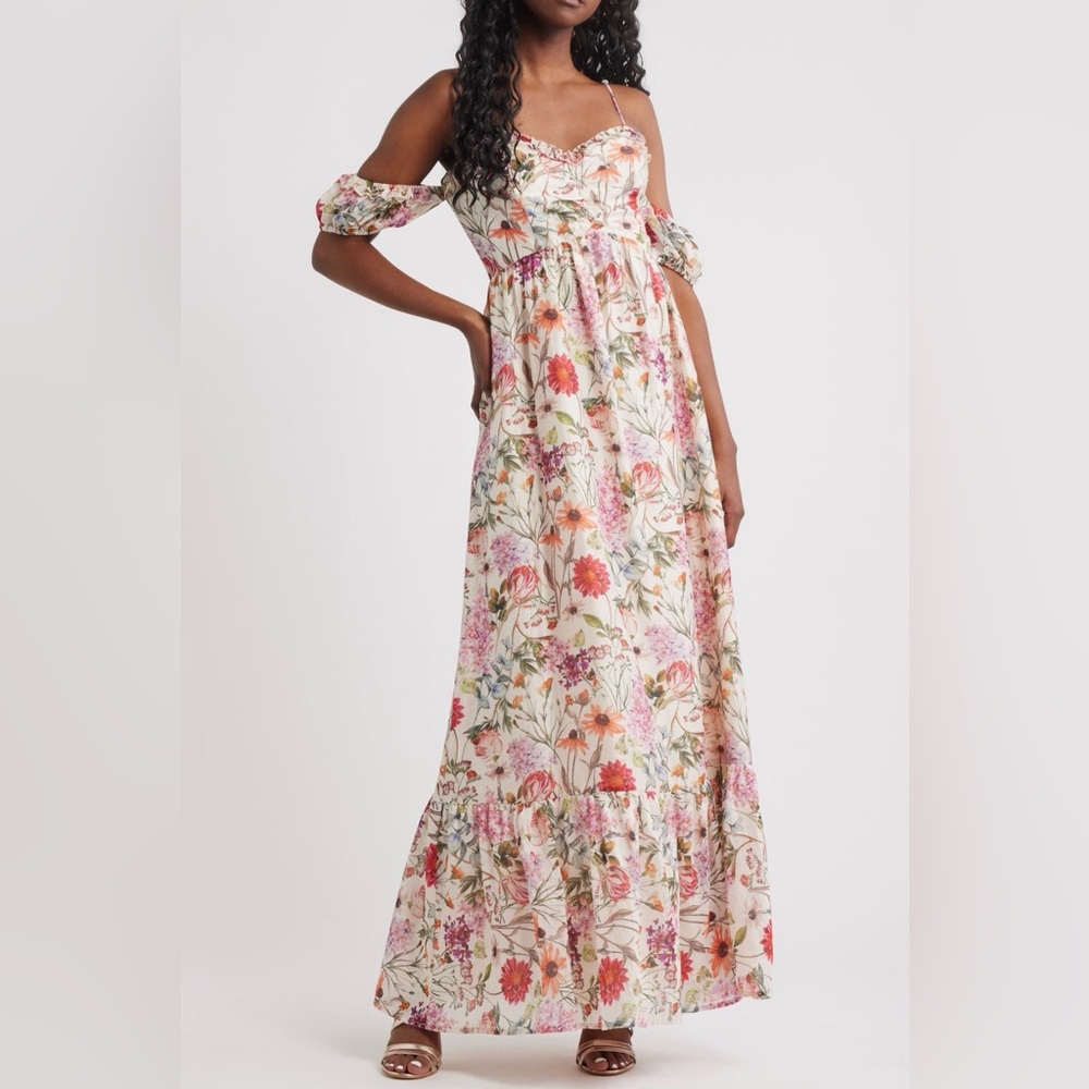 Lulus x Nordstrom Panarea Floral Print Off The Shoulder Maxi Dress BNWT